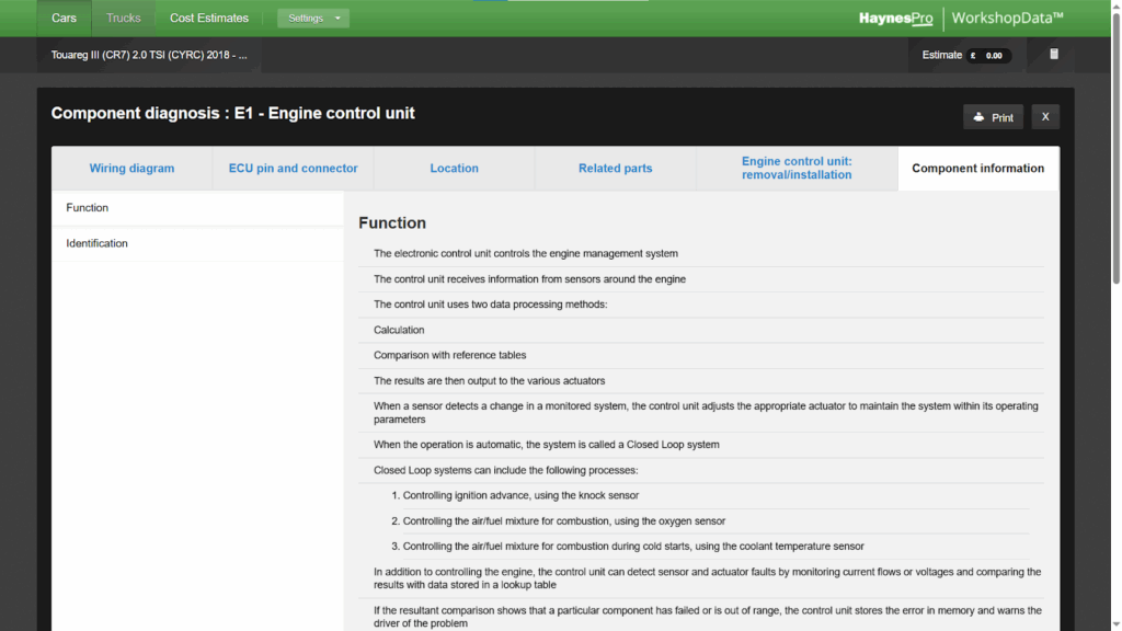 Component diagnosis - Engine control Unit