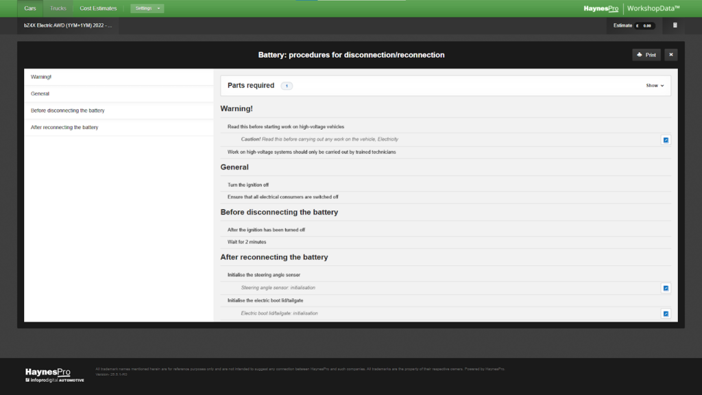 Battery : Procedures for disconnection/reconnection